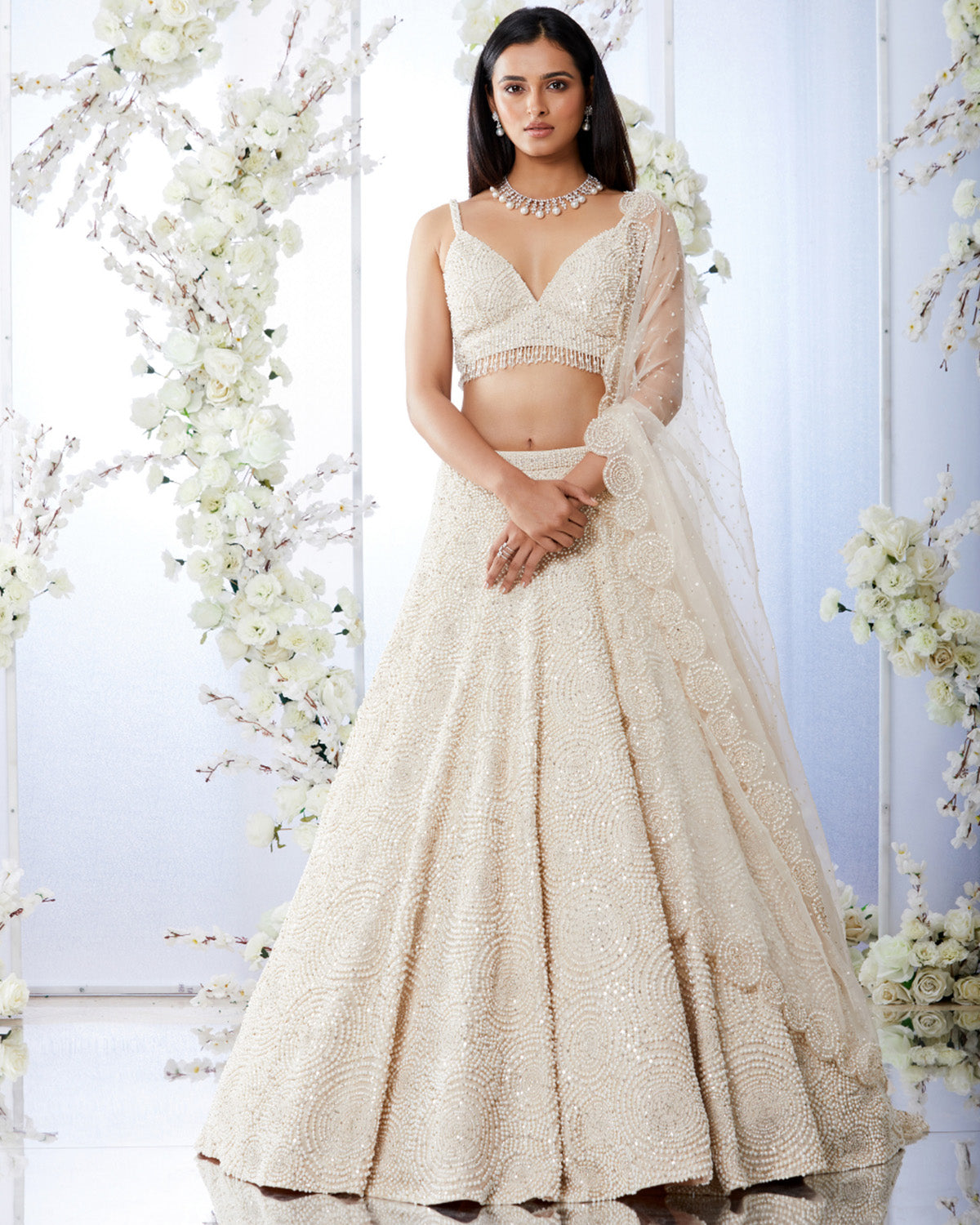 Ivory Pearl Embroidered Lehenga by Seema Gujral at KYNAH
