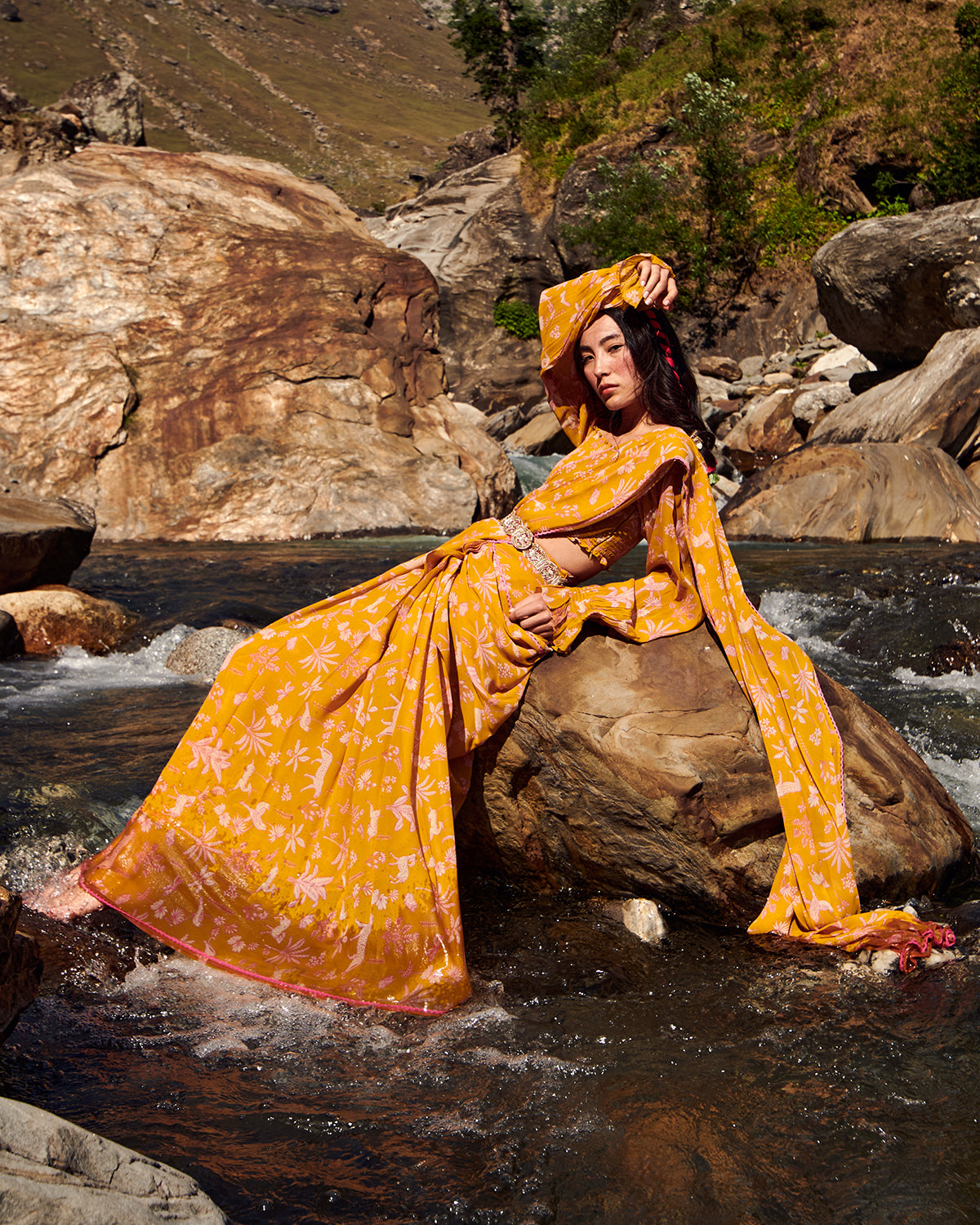 Yellow Jungle Print Pre-Draped Sari Set