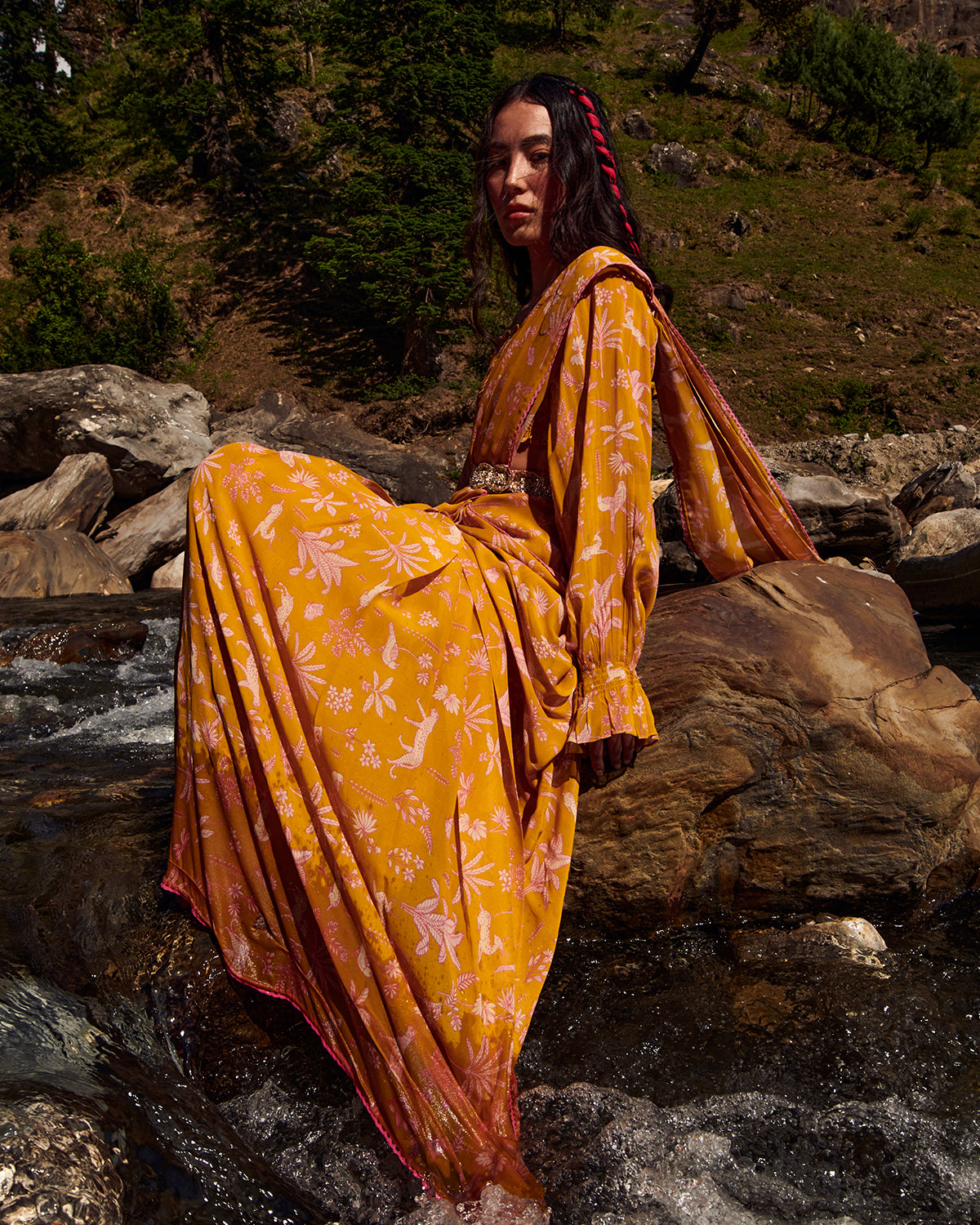 Yellow Jungle Print Pre-Draped Sari Set