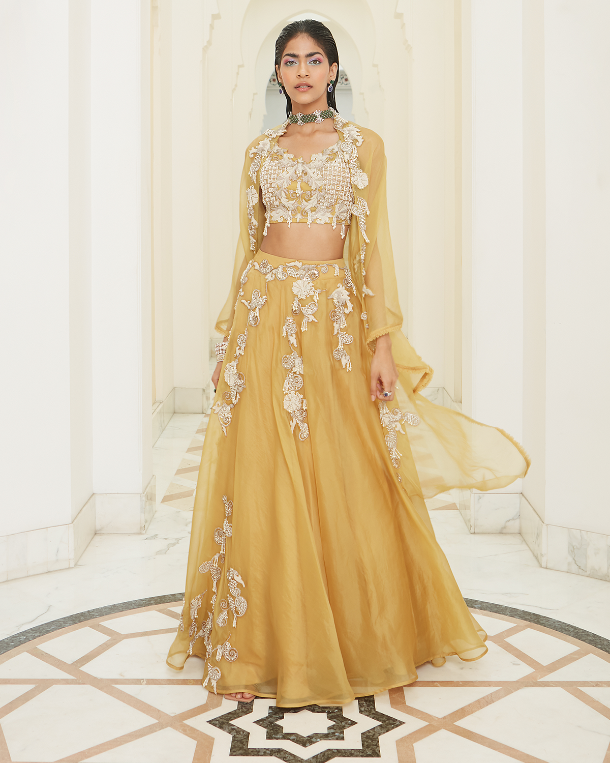 Sunrise Yellow Placement Embroidered Skirt Set by Ridhima Bhasin at KYNAH