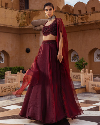 Retro Love Plum Scallop Embroidered Skirt Set