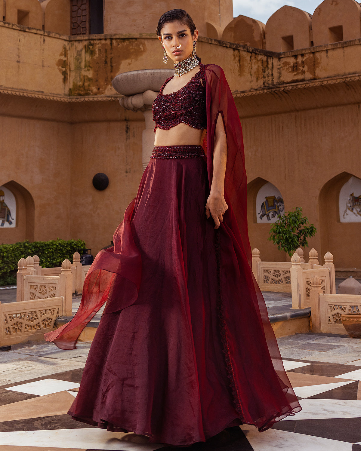 Retro Love Plum Scallop Embroidered Skirt Set