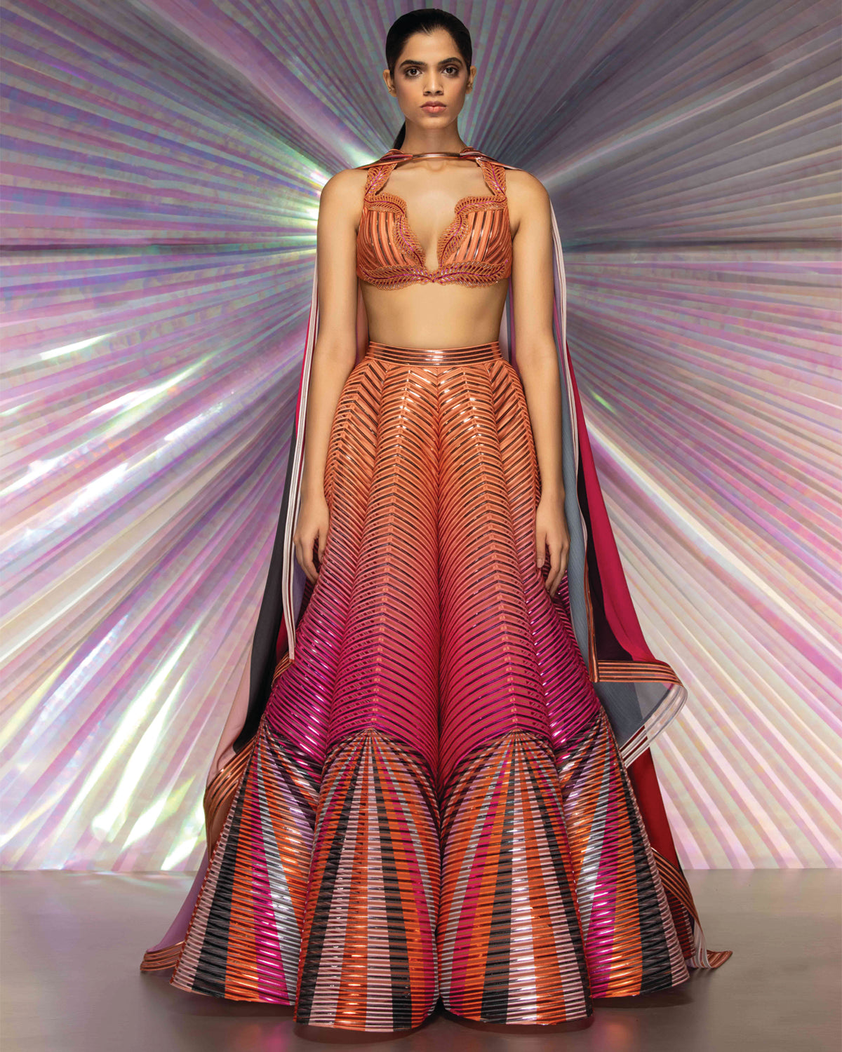 Pink Striped Metallic Lehenga Set | Amit Aggarwal