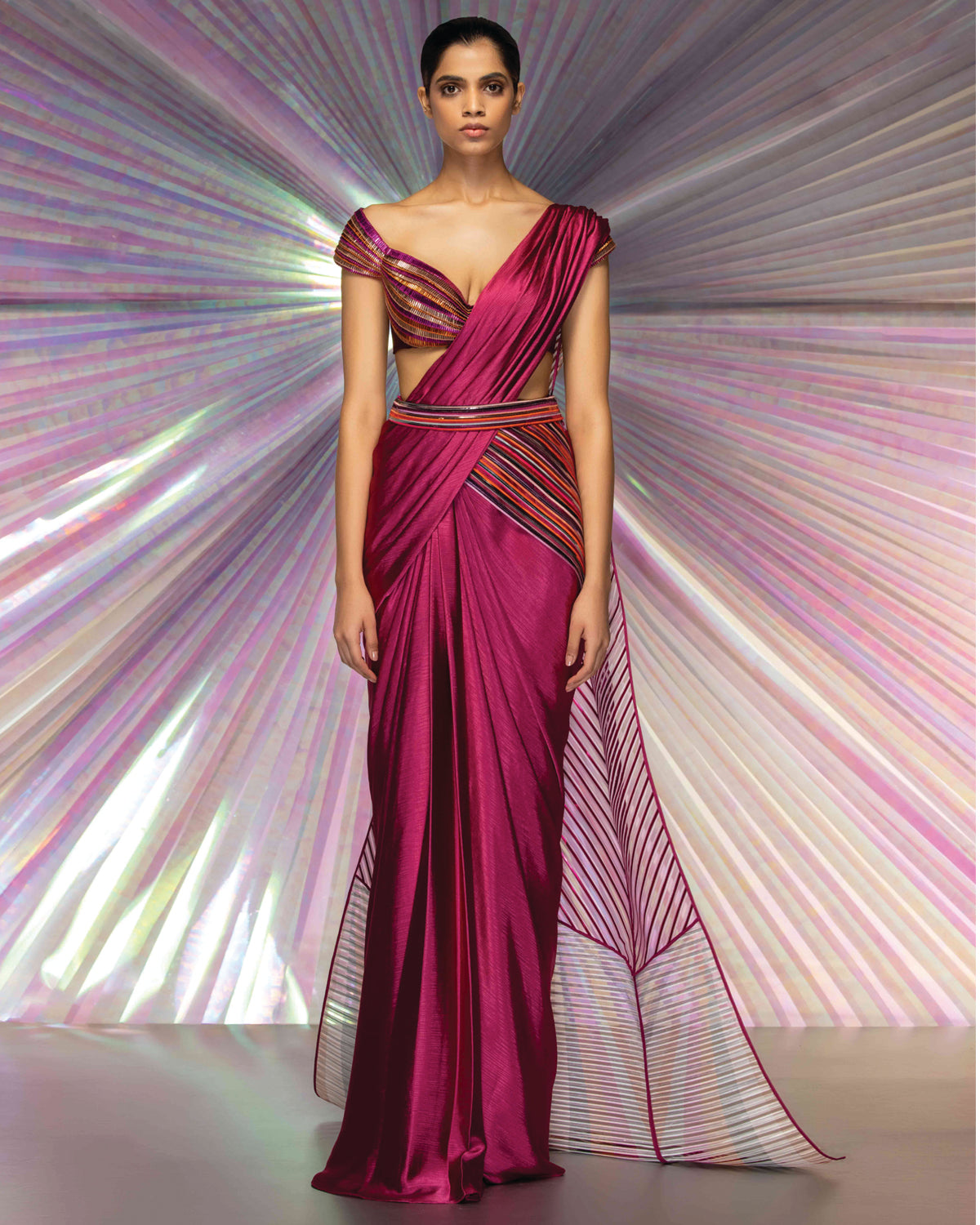 Pink Embroidered Moulded Blouse Metallic Sari | Amit Aggarwal
