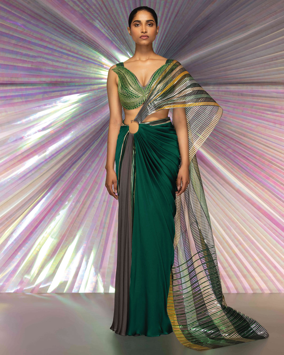 Green Metallic Corded Blouse With Structured Sari | Amit Aggarwal