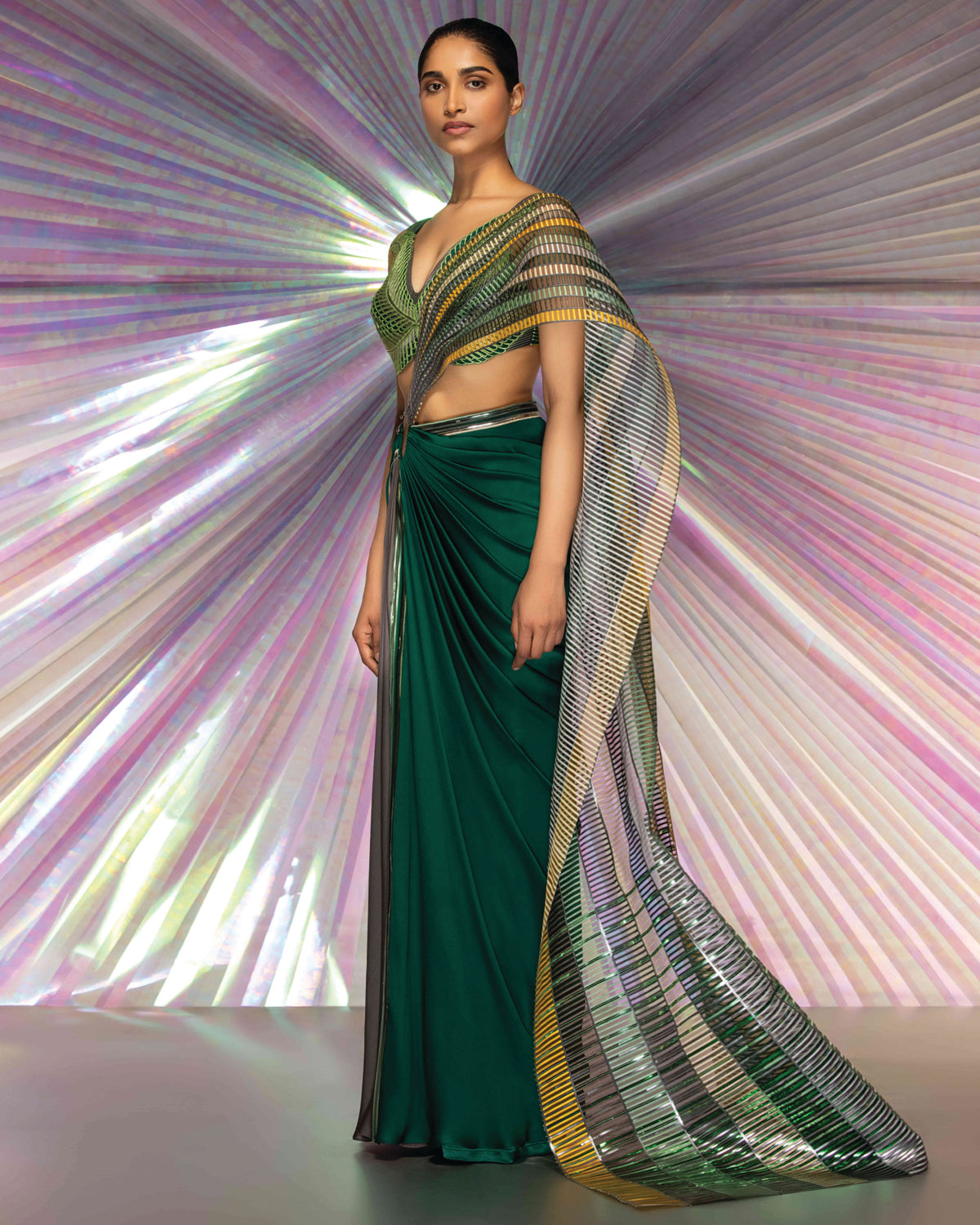 Green Metallic Corded Blouse With Structured Sari