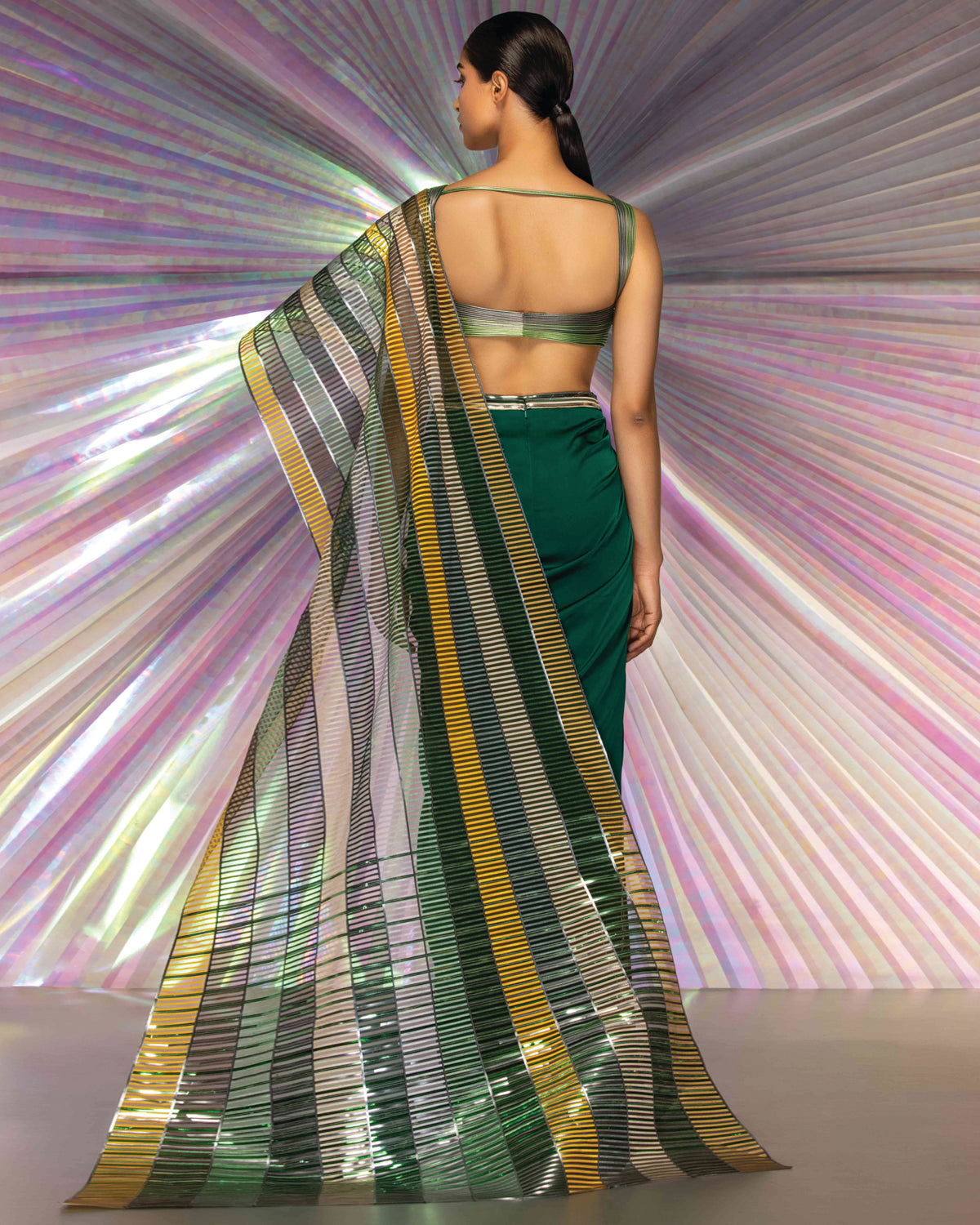 Green Metallic Corded Blouse With Structured Sari