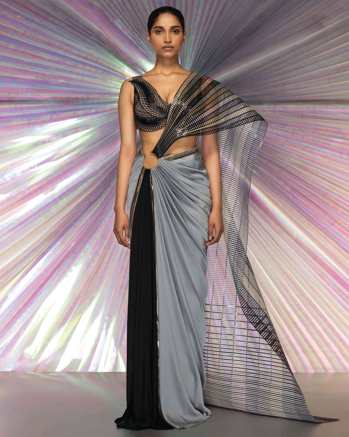 Pebble Metallic Corded Blouse With Structured Sari by Amit Aggarwal
