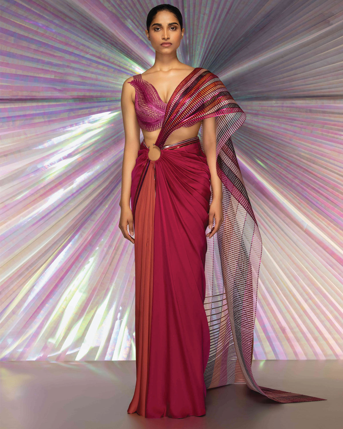 Pink Metallic Corded Blouse With Structured Sari | Amit Aggarwal
