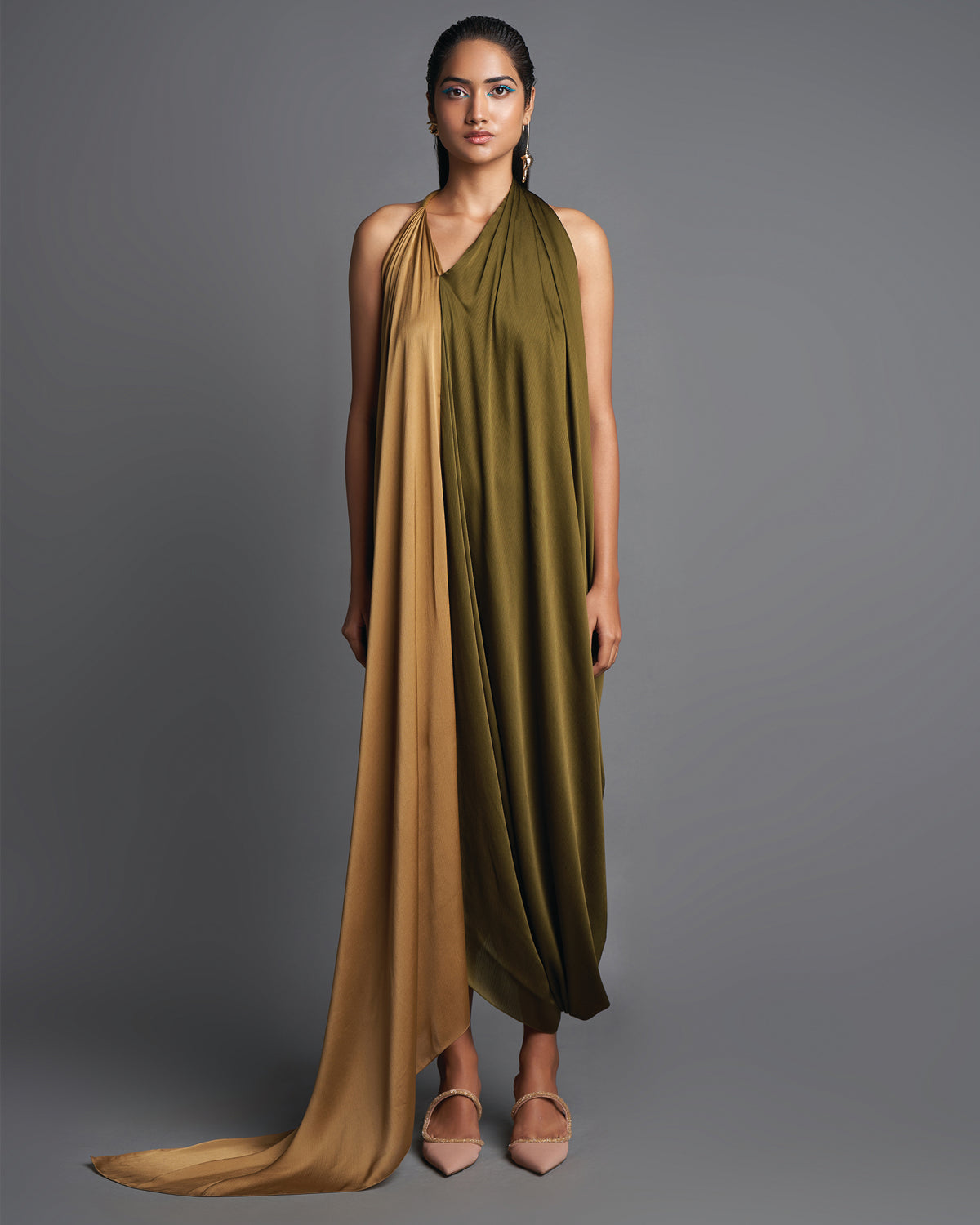 Olive Green Asymmetric Draped Dress | Amit Aggarwal