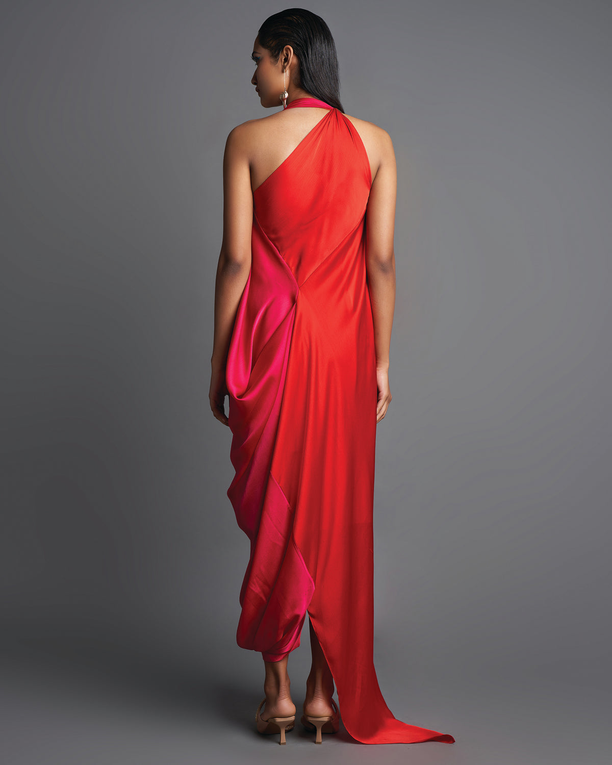 Pink & Red Asymmetric Draped Dress