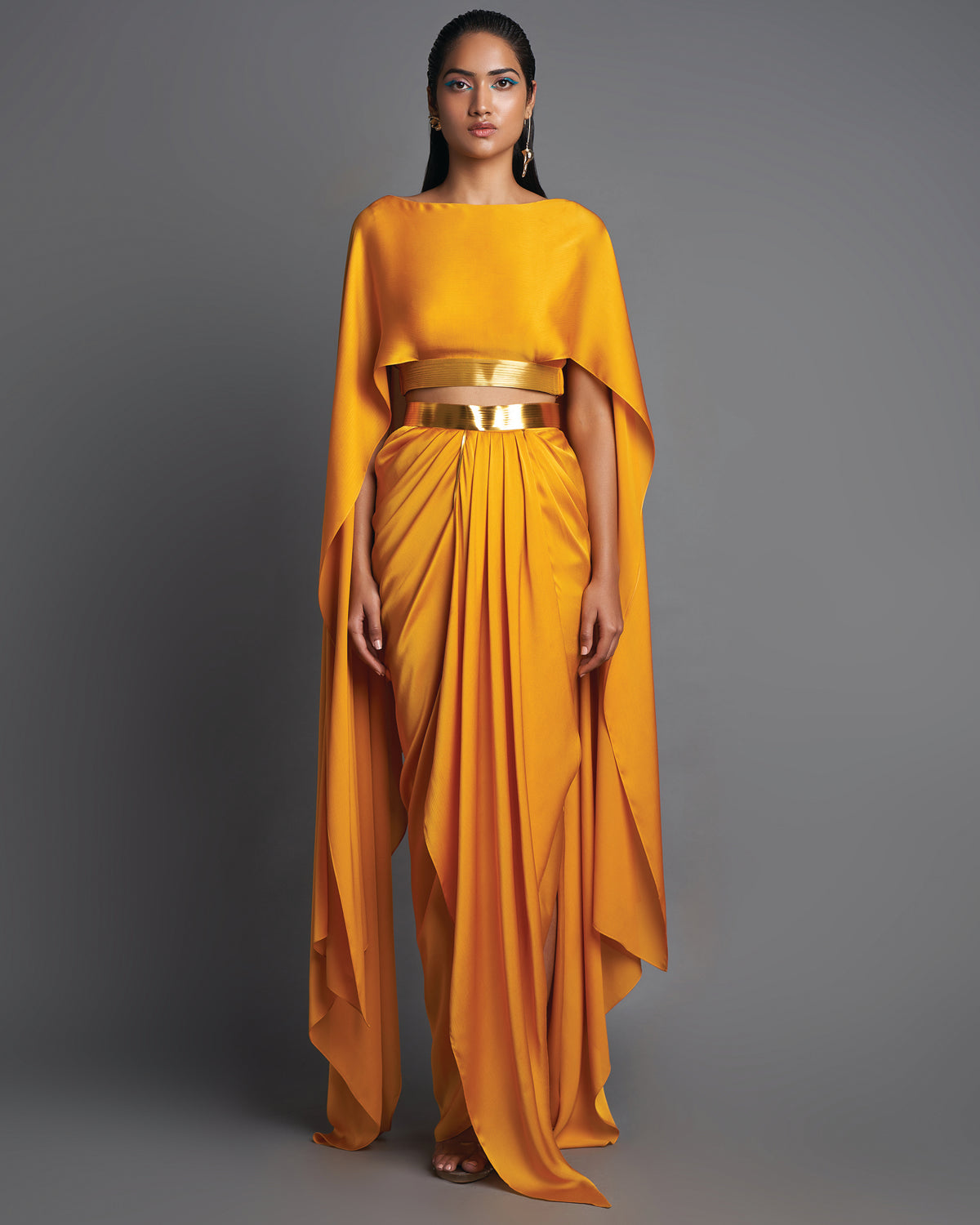 Mustard Metallic Top With Draped Skirt Set | Amit Aggarwal