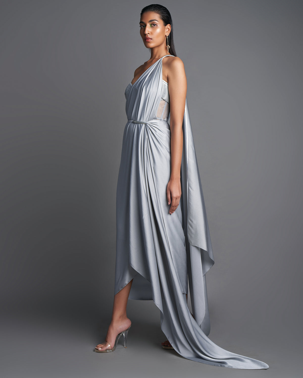 Gray Draped Sari With Bustier Set