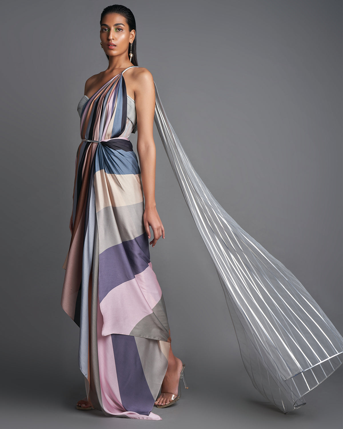 Pebble Sunray Metallic Structured Drape Sari Set