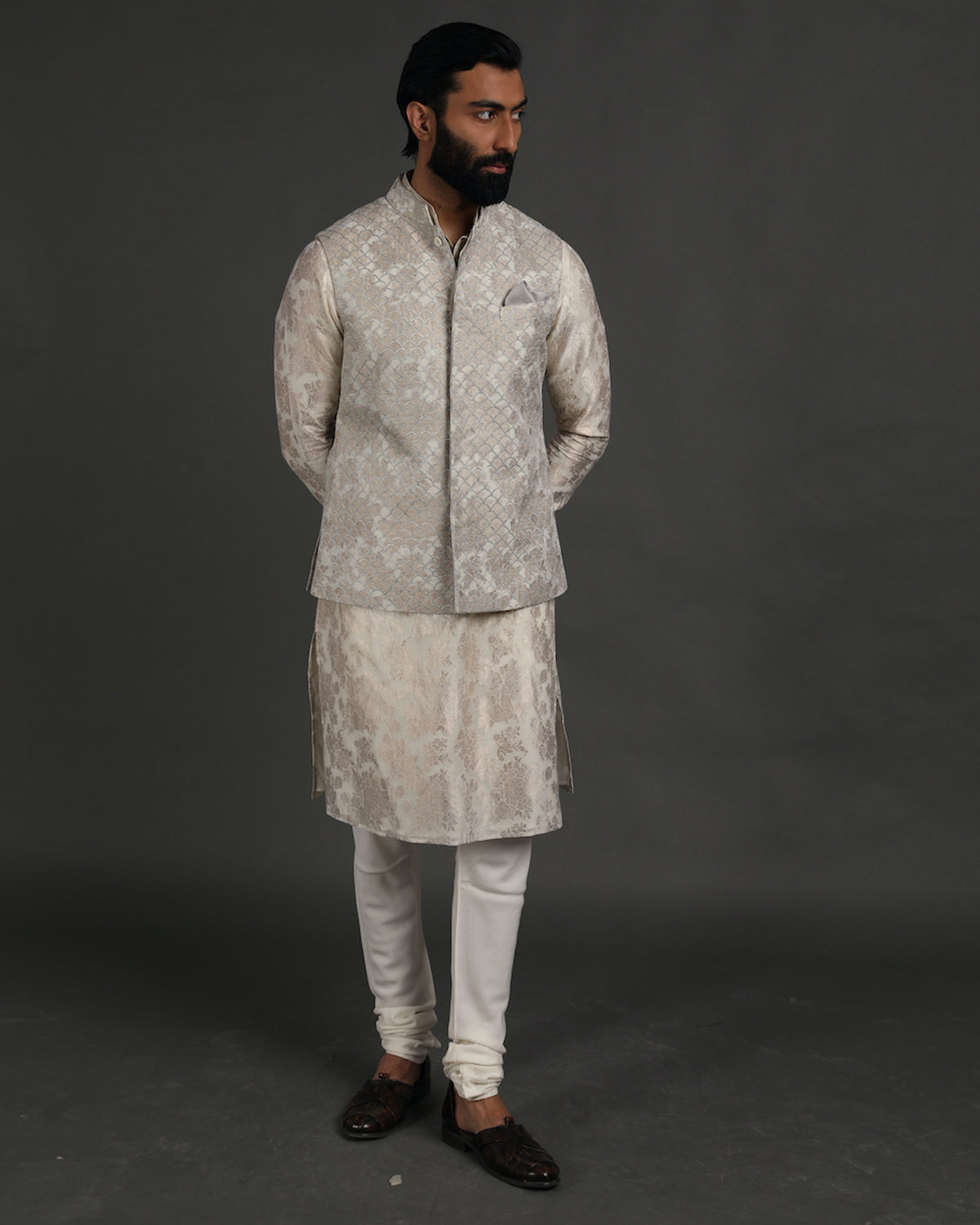 Off White Banarasi Silk Kurta Set