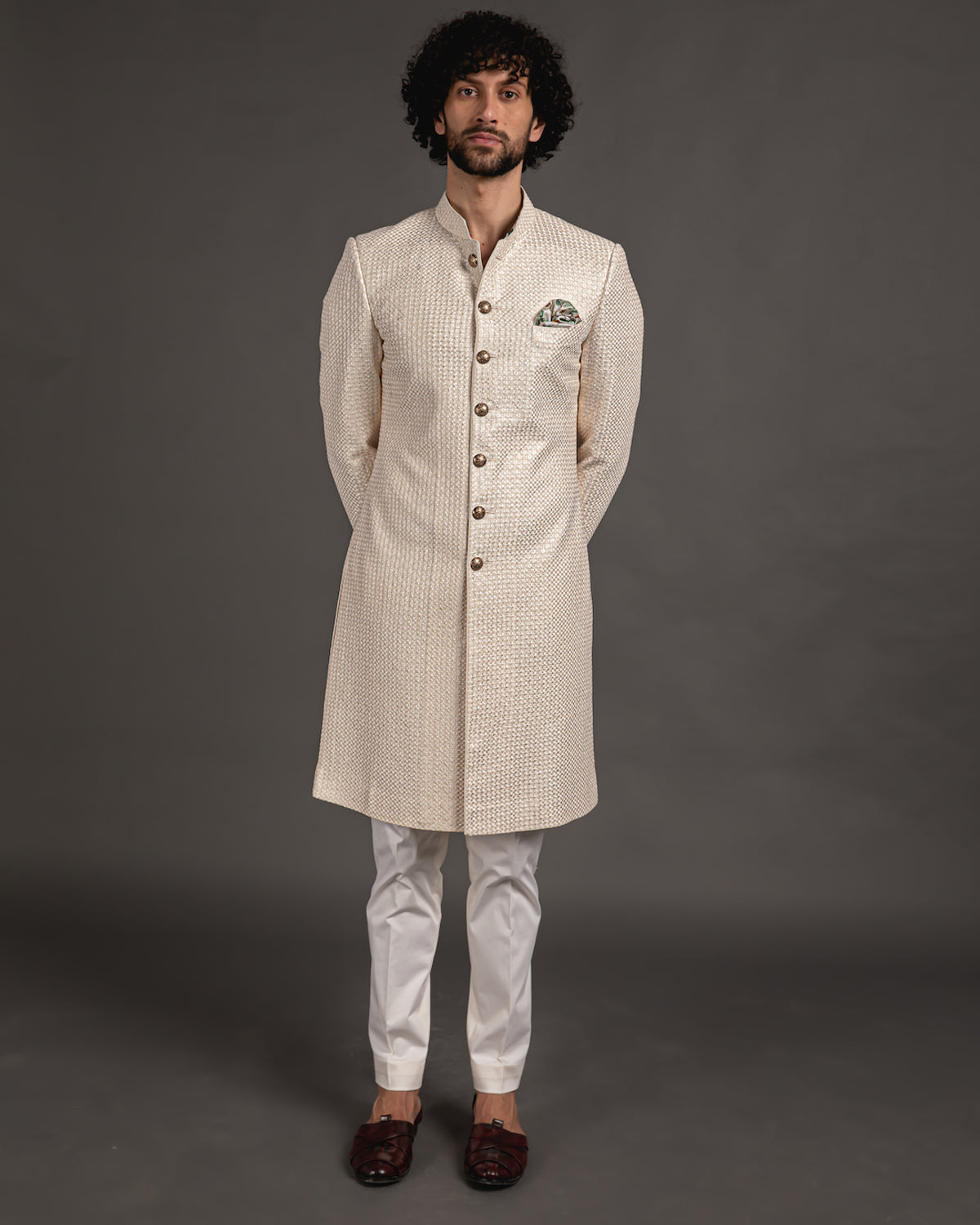 Off White Chanderi Silk Embroidered Full Achkan Set