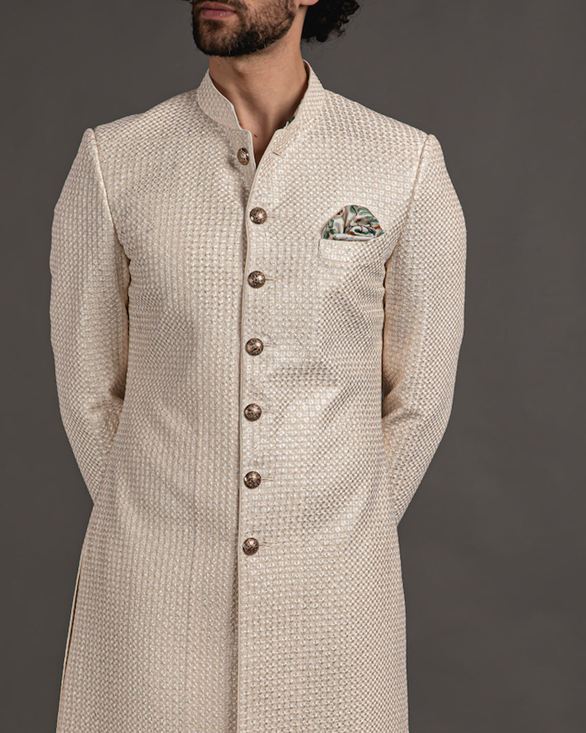 Off White Chanderi Silk Embroidered Full Achkan Set