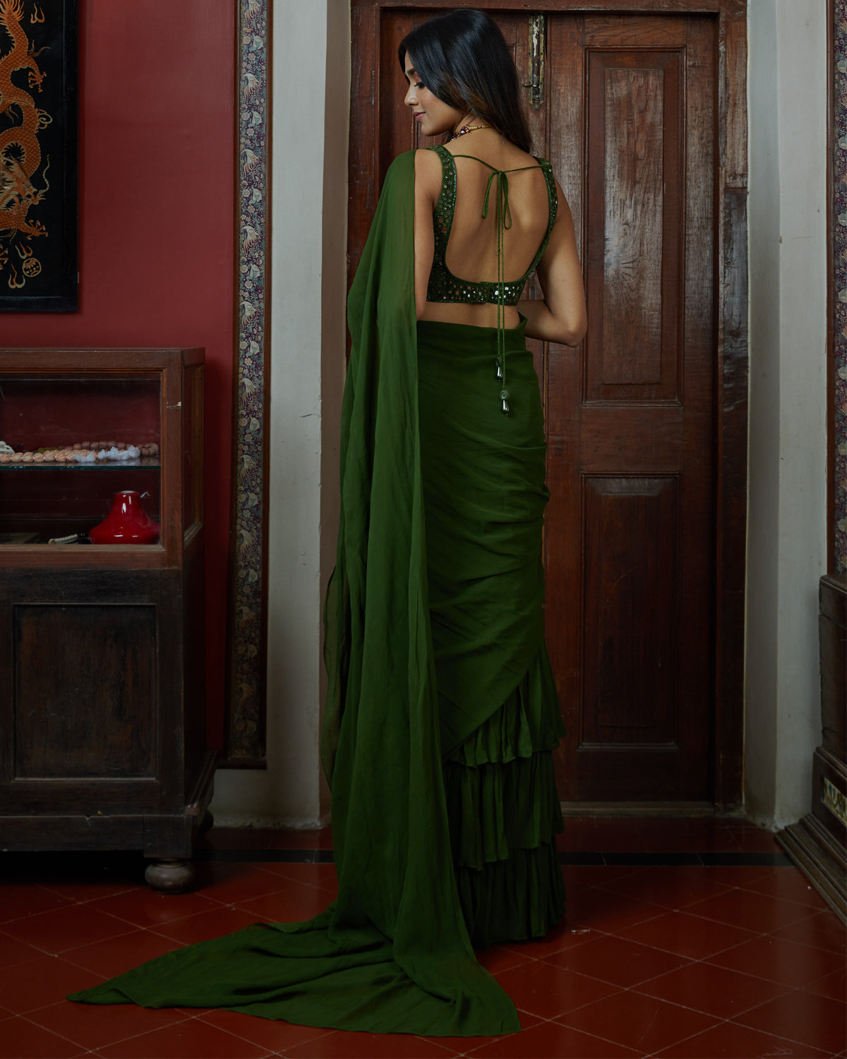 Solid Green Hand Embroidered Blouse & Tiered Sari Set