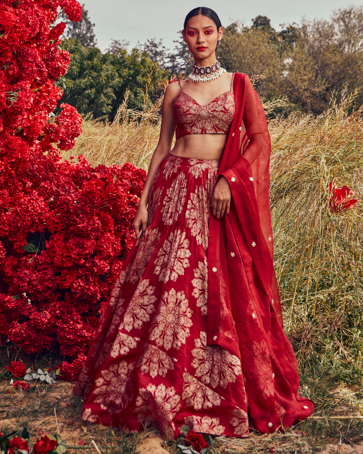 Red Tara Printed Lehenga and Embroidered Dupatta by Bhumika Sharma at KYNAH