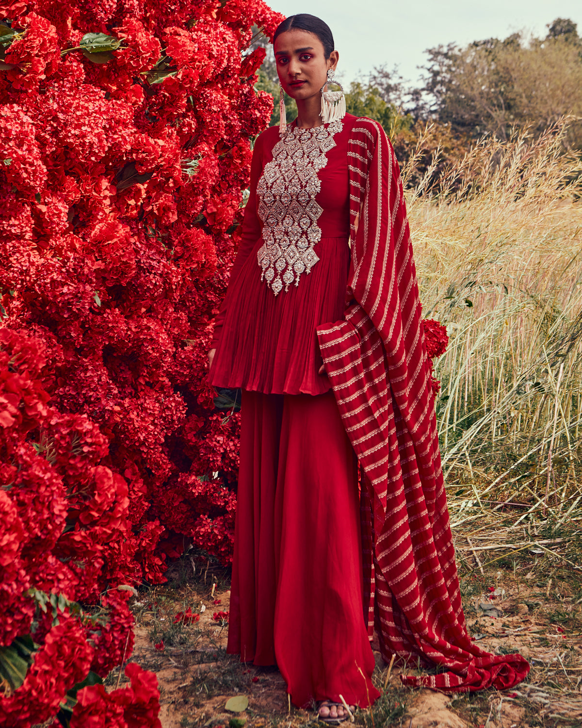 Red Nejma Peplum Kurta and Nurekha Print Dupatta by Bhumika Sharma at KYNAH