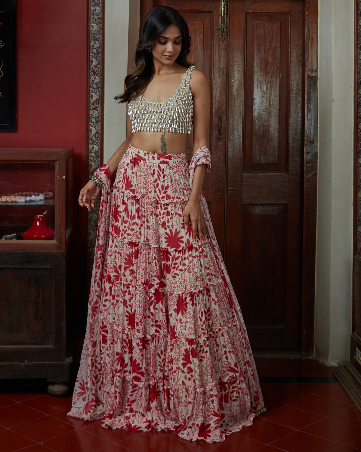 Sand & Red Tiered Skirt Set