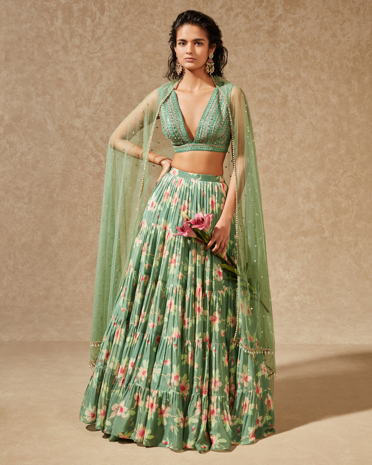 Green Georgette Floral Printed Lehenga Set by Chamee and Palak at KYNAH