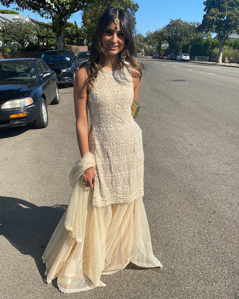 Cream and Pearl Geometric Sharara Set KYNAH