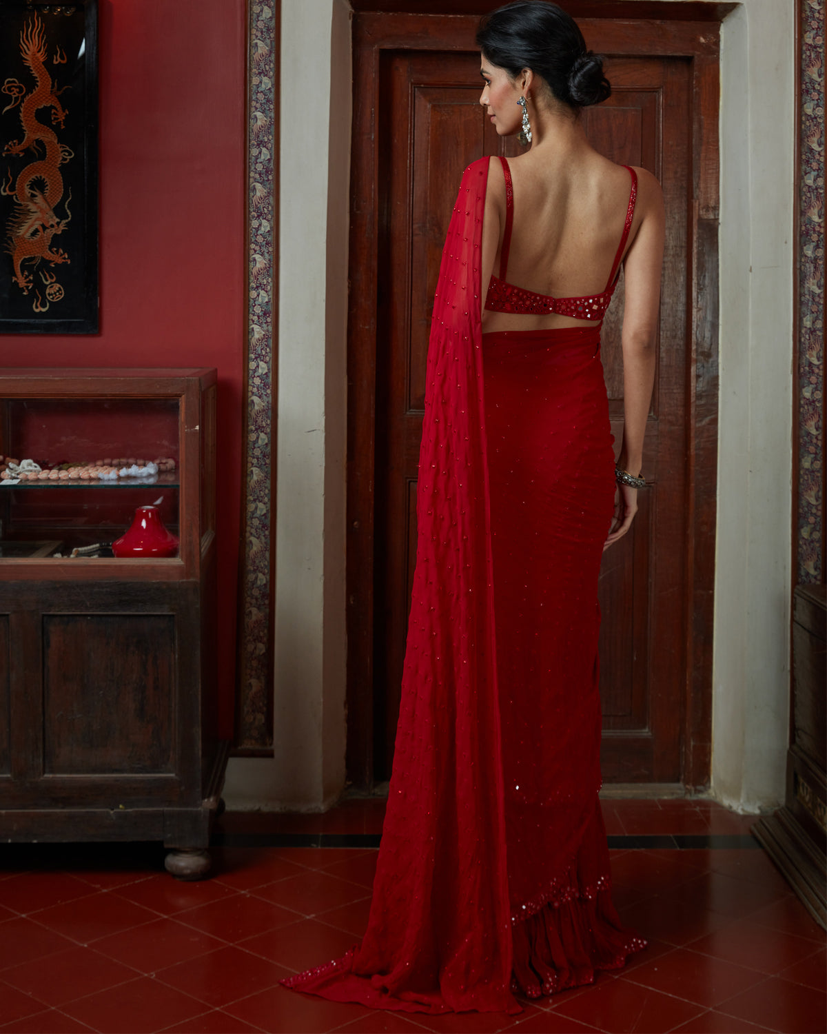 Red Hand Embroidered & Tiered Sari Set