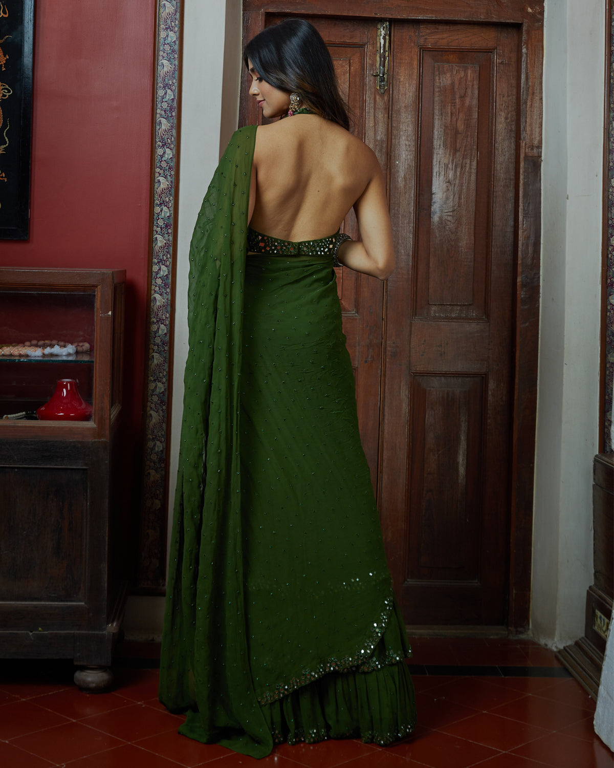 Green Halter Neck & Tiered Sari Set