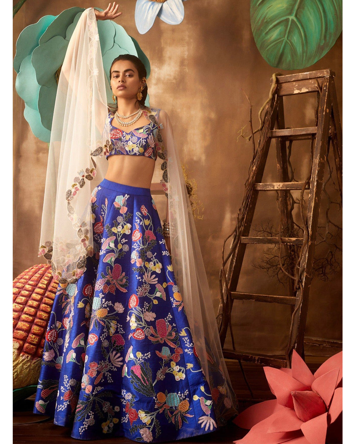 Electric Blue Pastiche Appliqued Lehenga by Aisha Rao at KYNAH