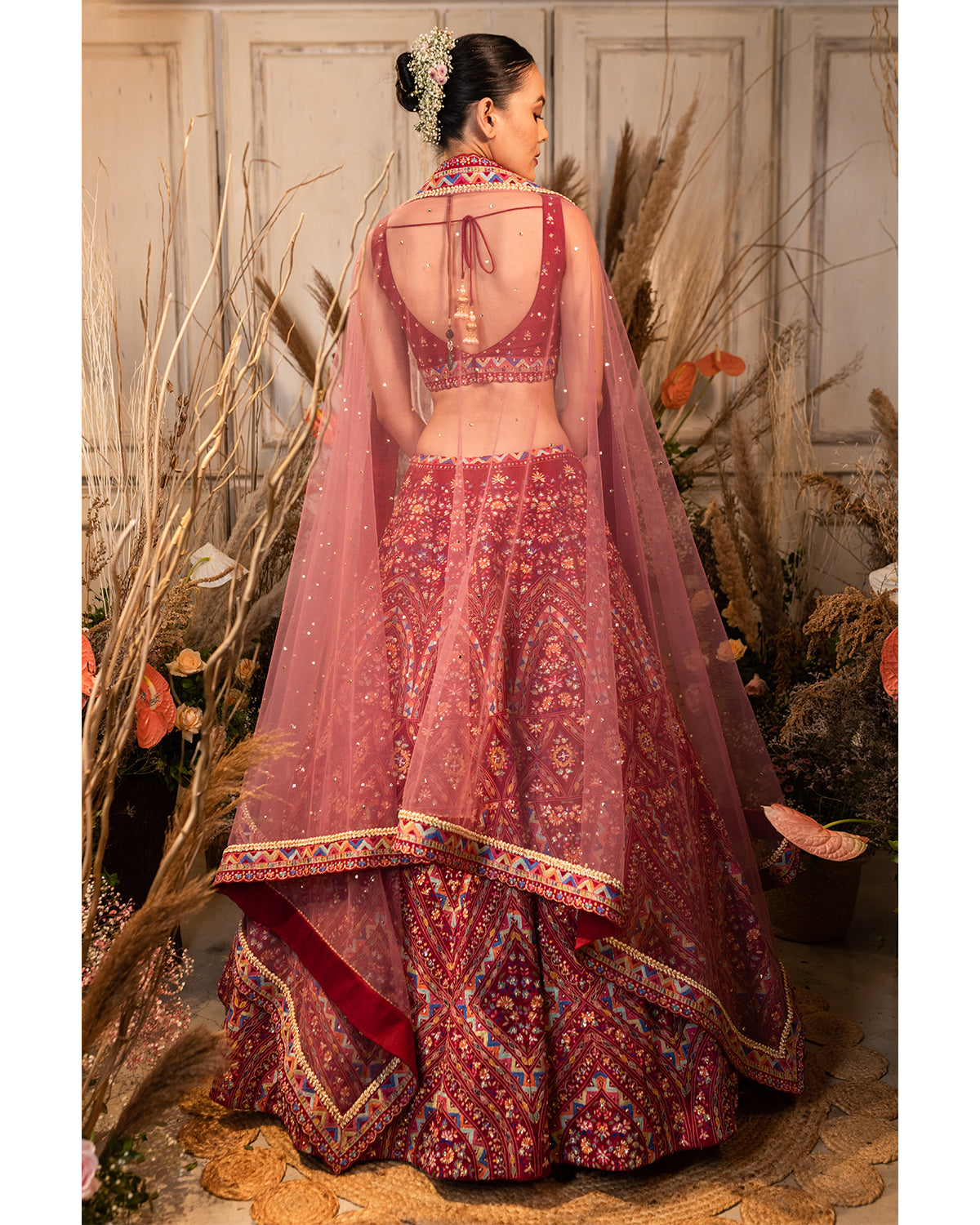 Red Wedding Wear Embroidered With Embellished Velvet Lehenga Choli