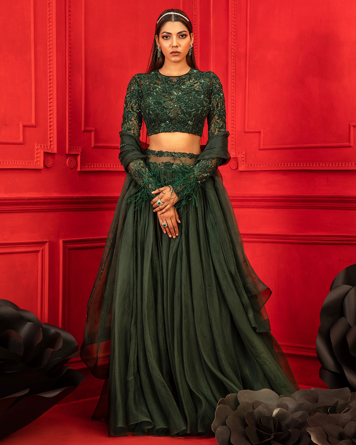 Dark Green Embroidered Lehenga Set by Mahima Mahajan at KYNAH