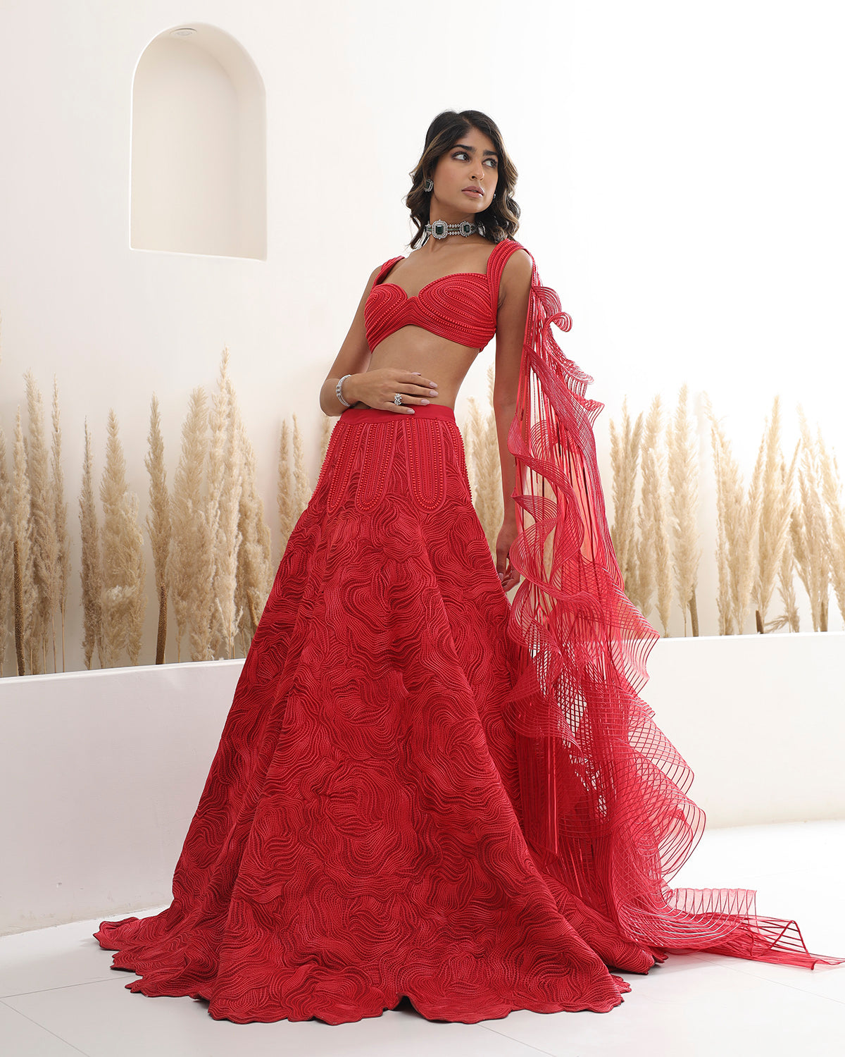 Red Corded Lehenga Set by Amit Aggarwal