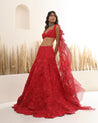 Red Corded Lehenga Set by Amit Aggarwal