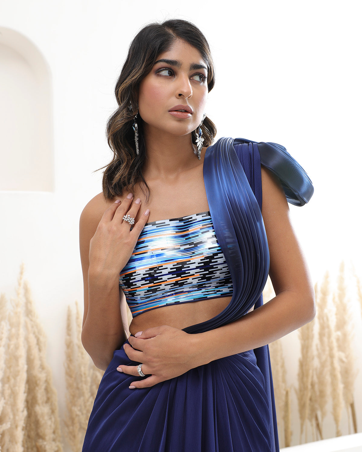 Metallic Blue Pleated Sari Set by Amit Aggarwal
