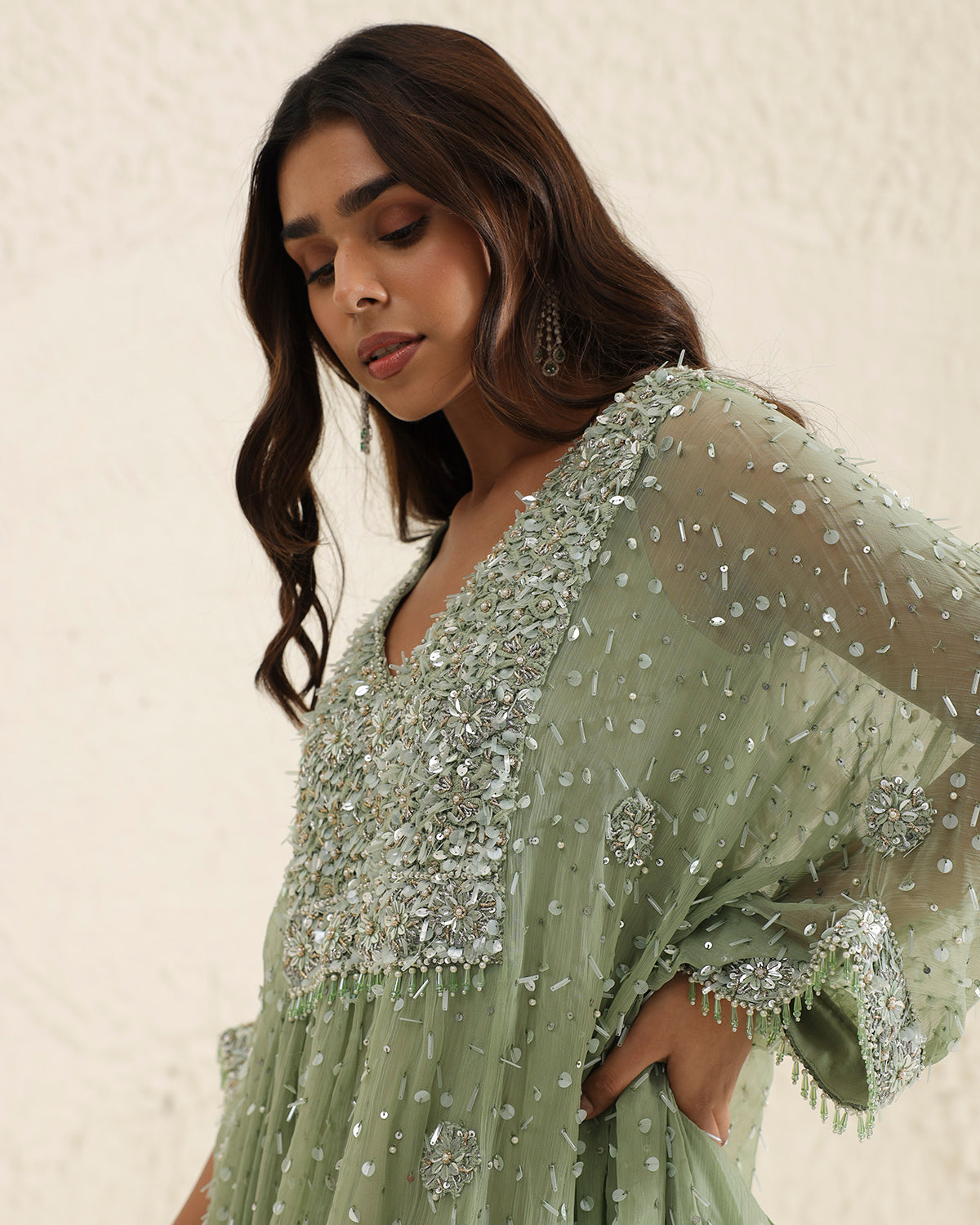 Green Beaded and Sequins Embroidered Kaftan | KYNAH L / 60 Green Beaded and Sequins Embroidered Kaftan | KYNAH L / 60