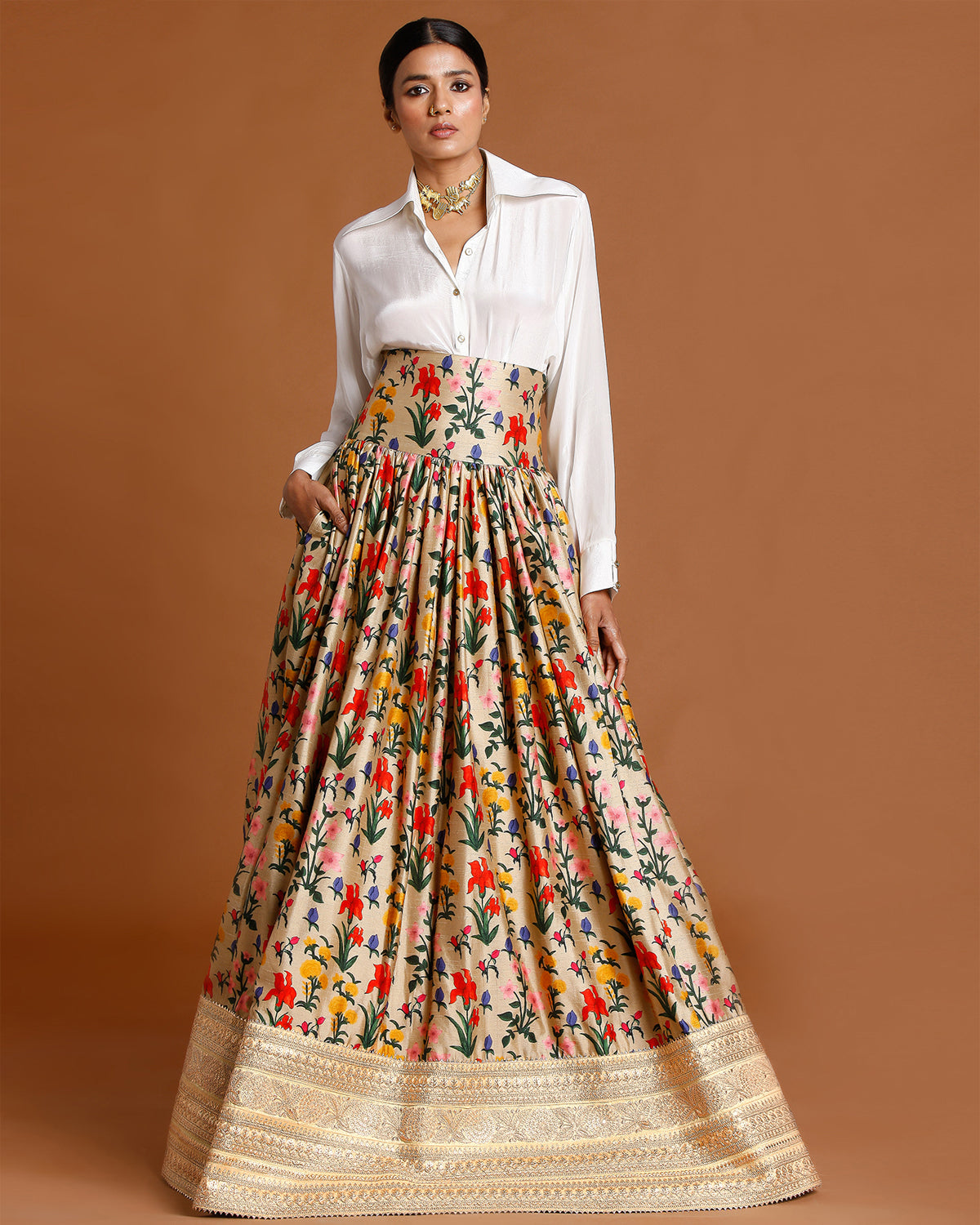Autumb Bouquet Lehenga with White Corset Top by House of Masaba at KYNAH