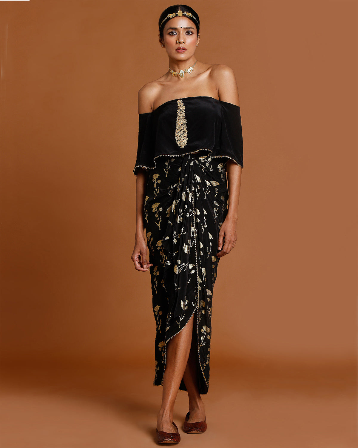 Black Off-Shoulder Gold Foil Printed Skirt Set by House of Masaba at KYNAH