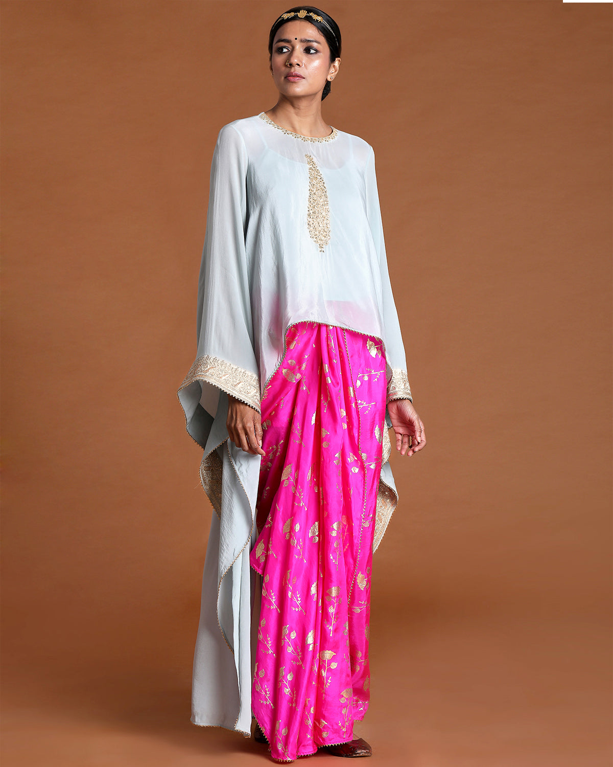 Hot Pink Periwinkle Drape Skirt Set by House of Masaba at KYNAH
