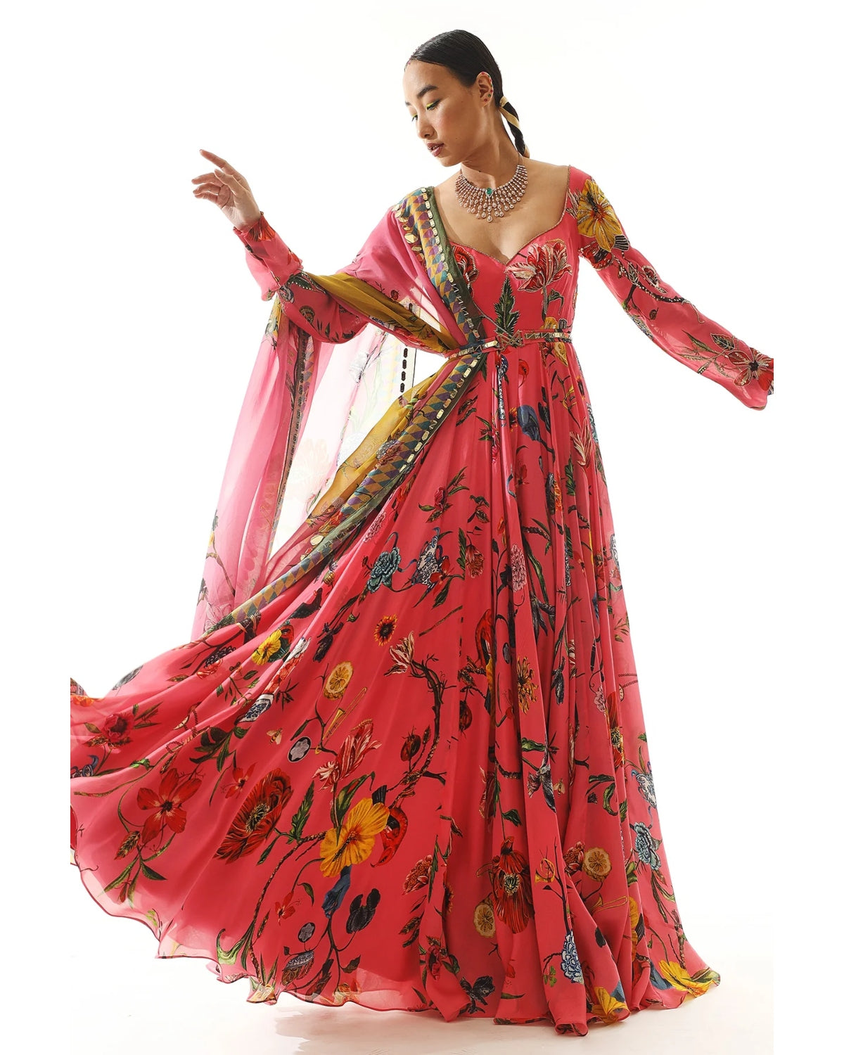 Pink Printed & Embroidered Anarkali Set by Mahima Mahajan