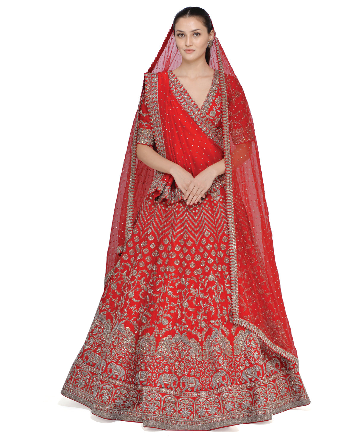 Red Zardozi Embroidered Lehenga with Floral Blouse by Mrunalini Rao at KYNAH