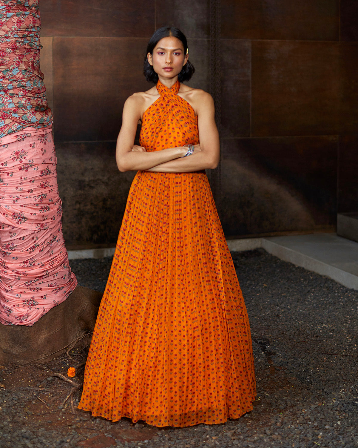 Mustard Orange Halter Neck Maxi by Label Anushree at KYNAH