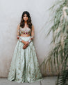 Nude Embroidered Blouse and Mint Green Brocade Lehenga by The Little Black Bow