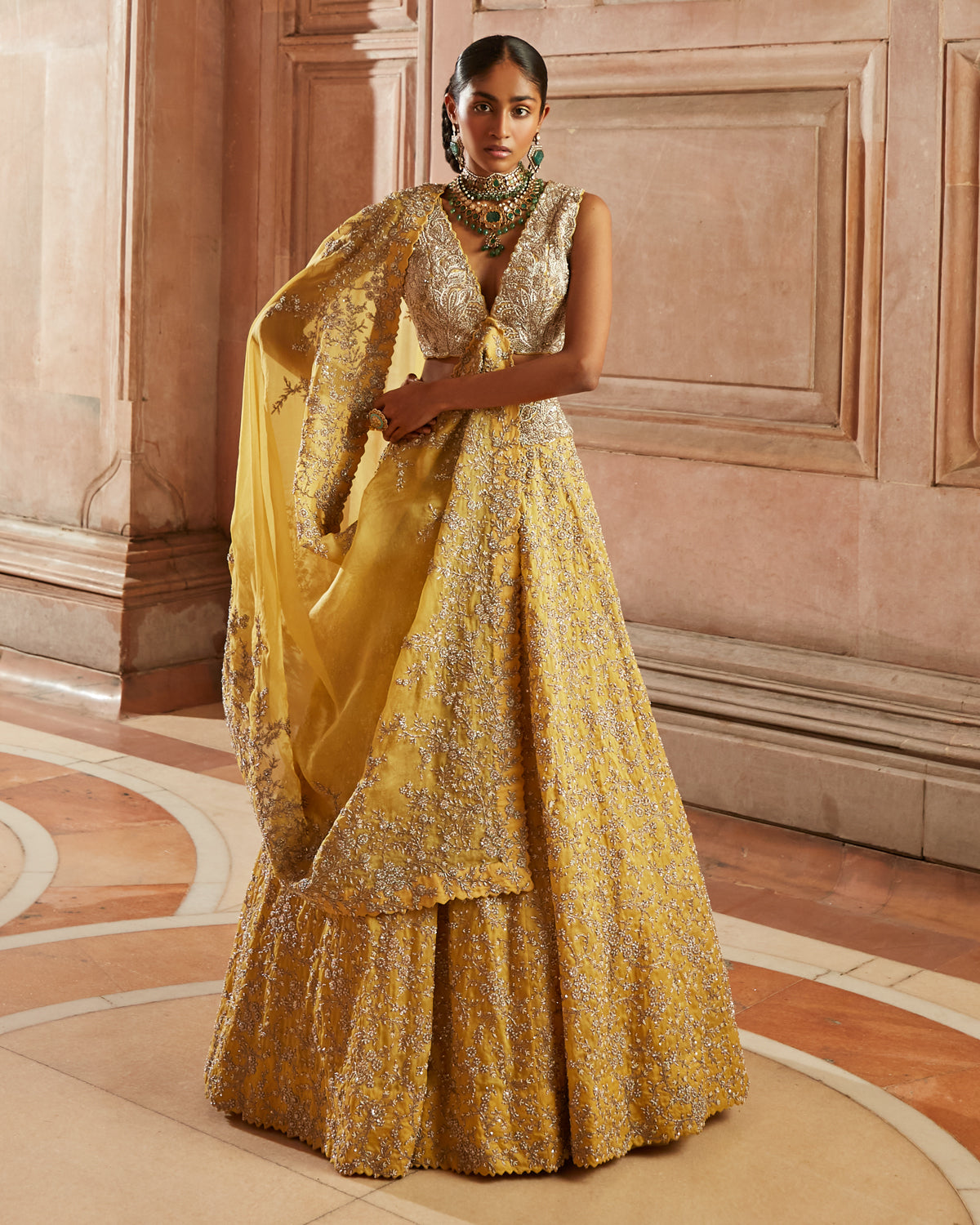 Buy Yellow Silk Blend Embroidered Floral Buttis Gulkari Lehenga Set For  Women by Monk & Mei Online at Aza Fashions.