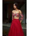 Scallop Printed Blouse with Red Lehenga by Label Anushree at KYNAH