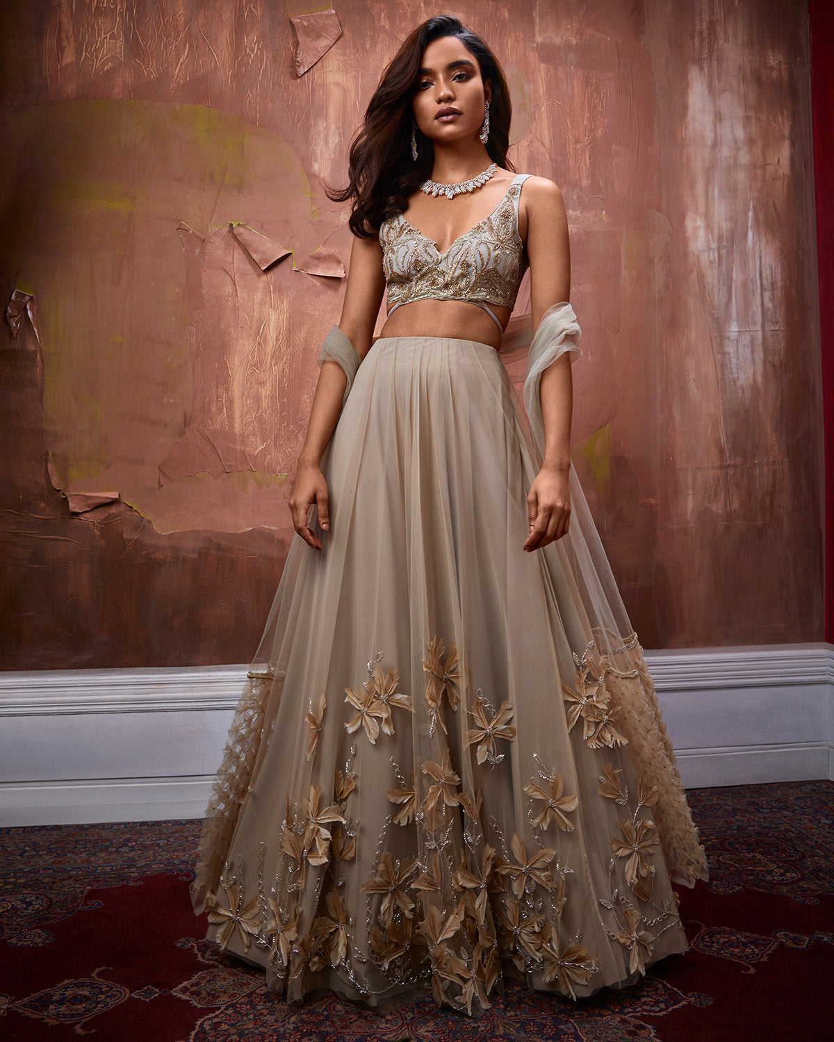 Nude Lehenga with 3D Flower Embroidery