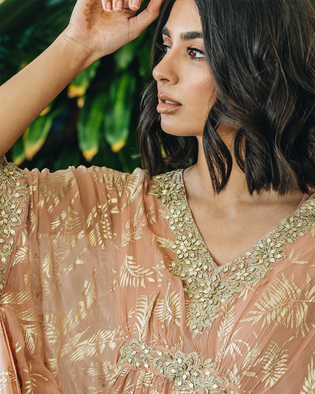 Pink Chiffon Kaftan with gold foil leaves