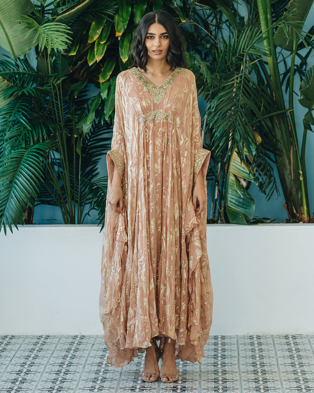 Pink Chiffon Kaftan with gold foil leaves
