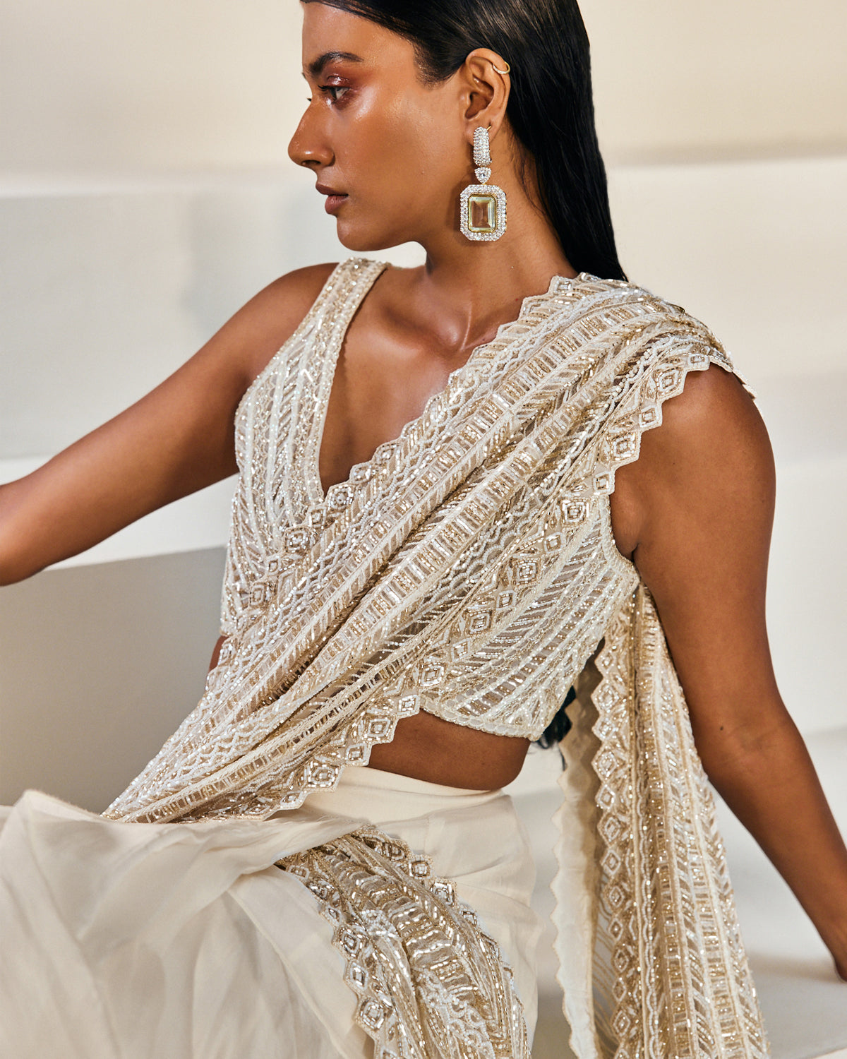 Ivory and Gold Geometric Embroidered Sari