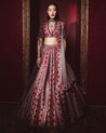 Cherry Red Full Printed Raw Silk Lehenga With Deep Neck Embroidered Blouse by Ridhi Mehra